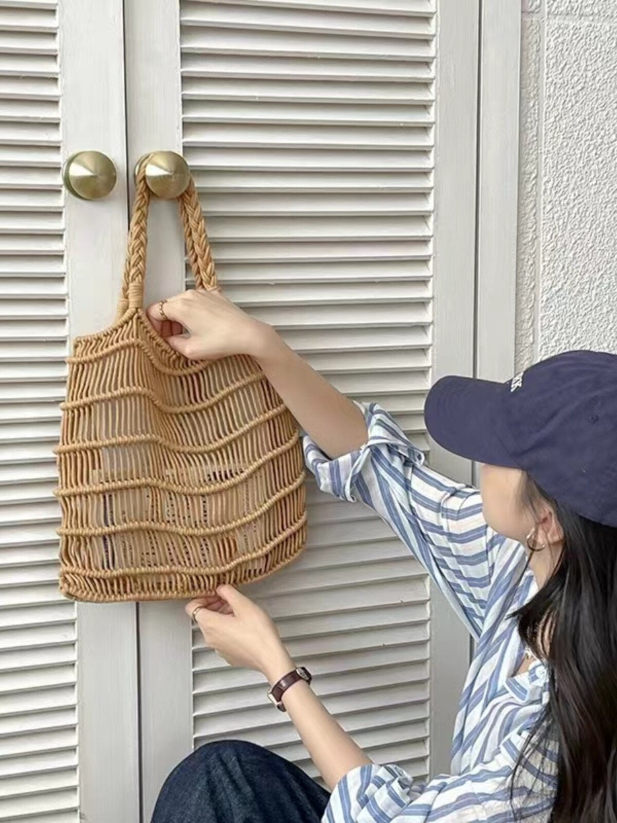 Handmade Crochet Straw Woven Hollow Out Beach Bag, Fashionable Single Shoulder Bag for Women, Summer Essential