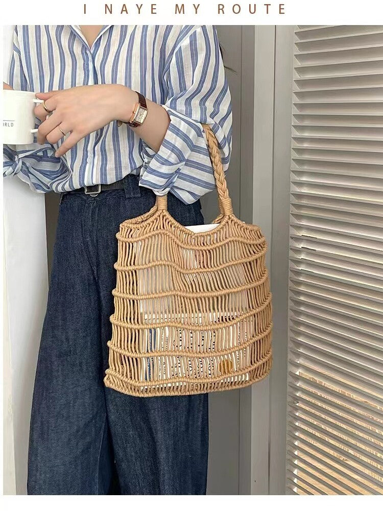 Handmade Crochet Straw Woven Hollow Out Beach Bag, Fashionable Single Shoulder Bag for Women, Summer Essential