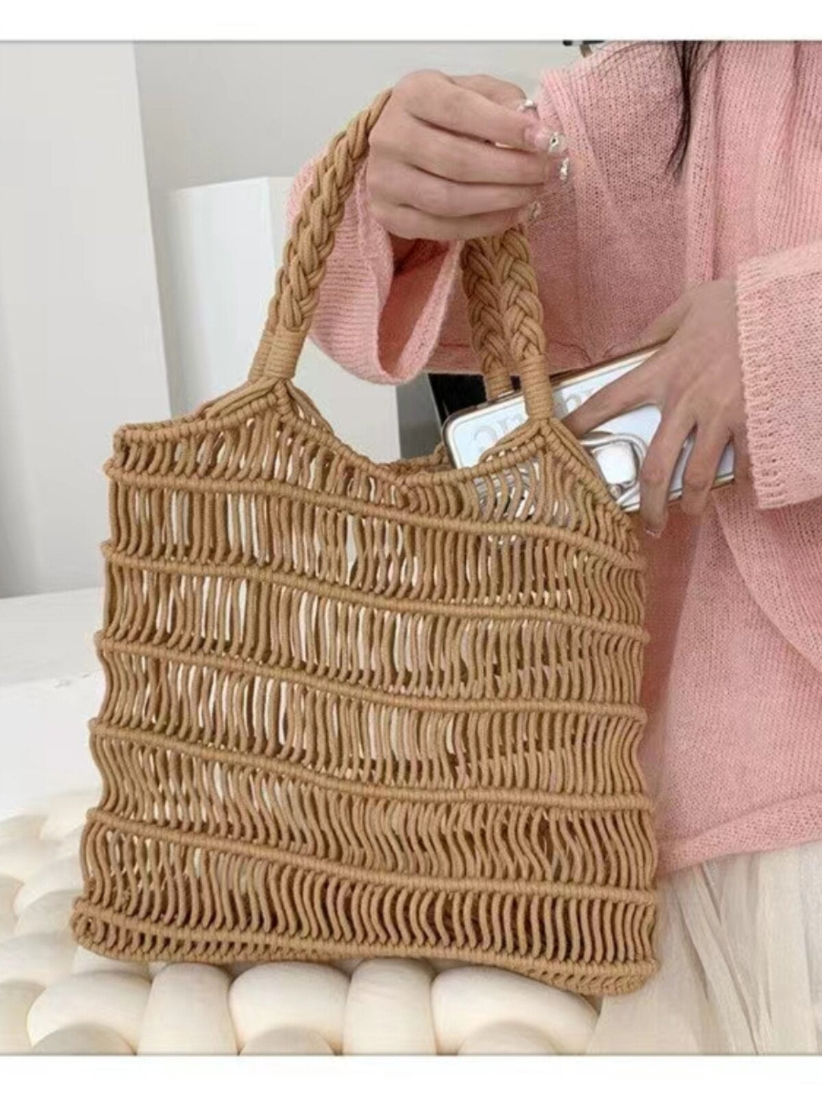Handmade Crochet Straw Woven Hollow Out Beach Bag, Fashionable Single Shoulder Bag for Women, Summer Essential
