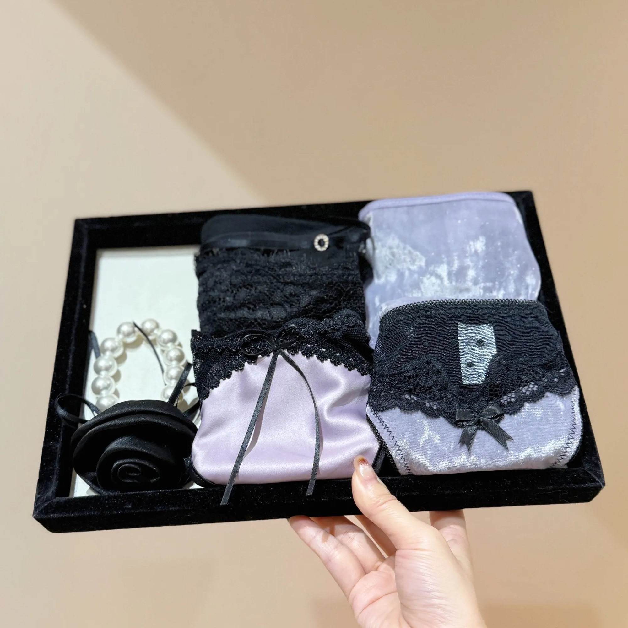 French velvet luxury waist sexy lace comfortable triangle underwear - six-piece set