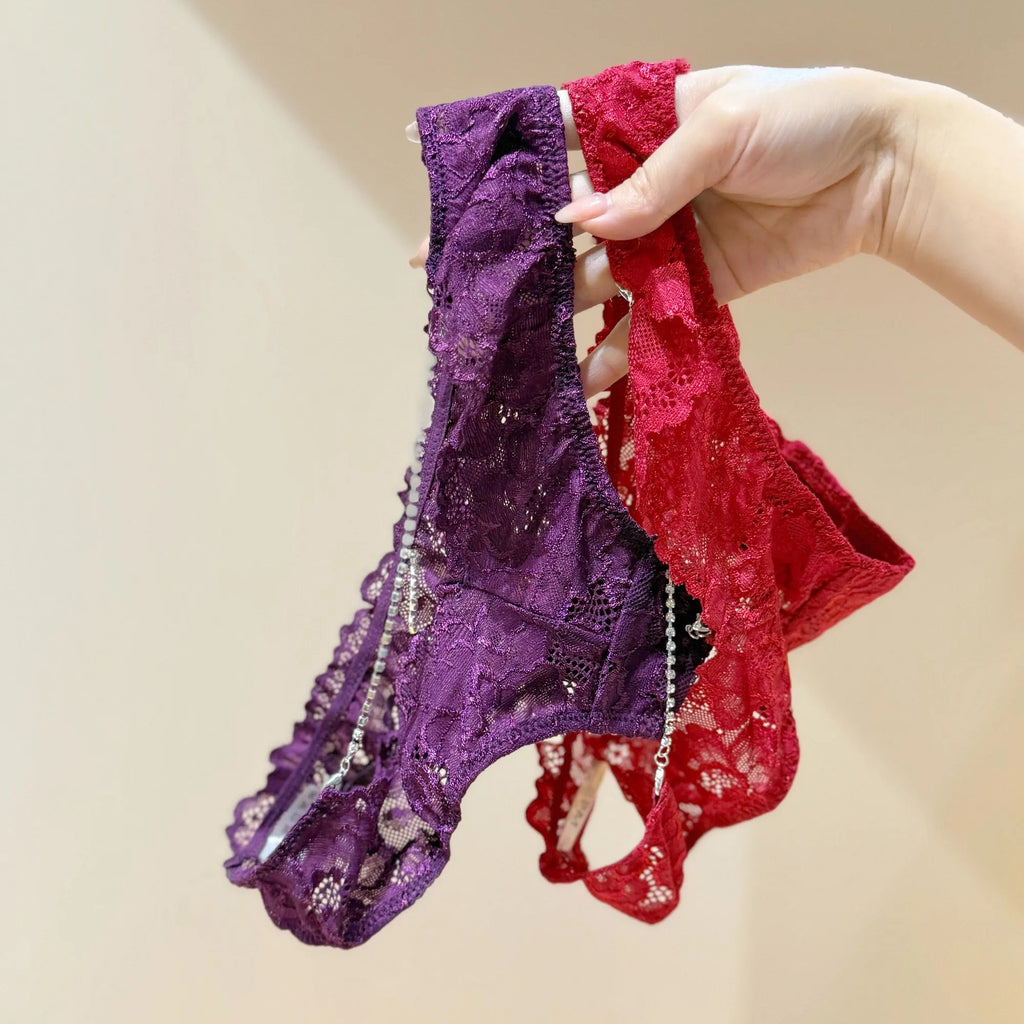 ow-Rise Seamless Lace Panties with Rhinestone Chain Back (Set of 4)