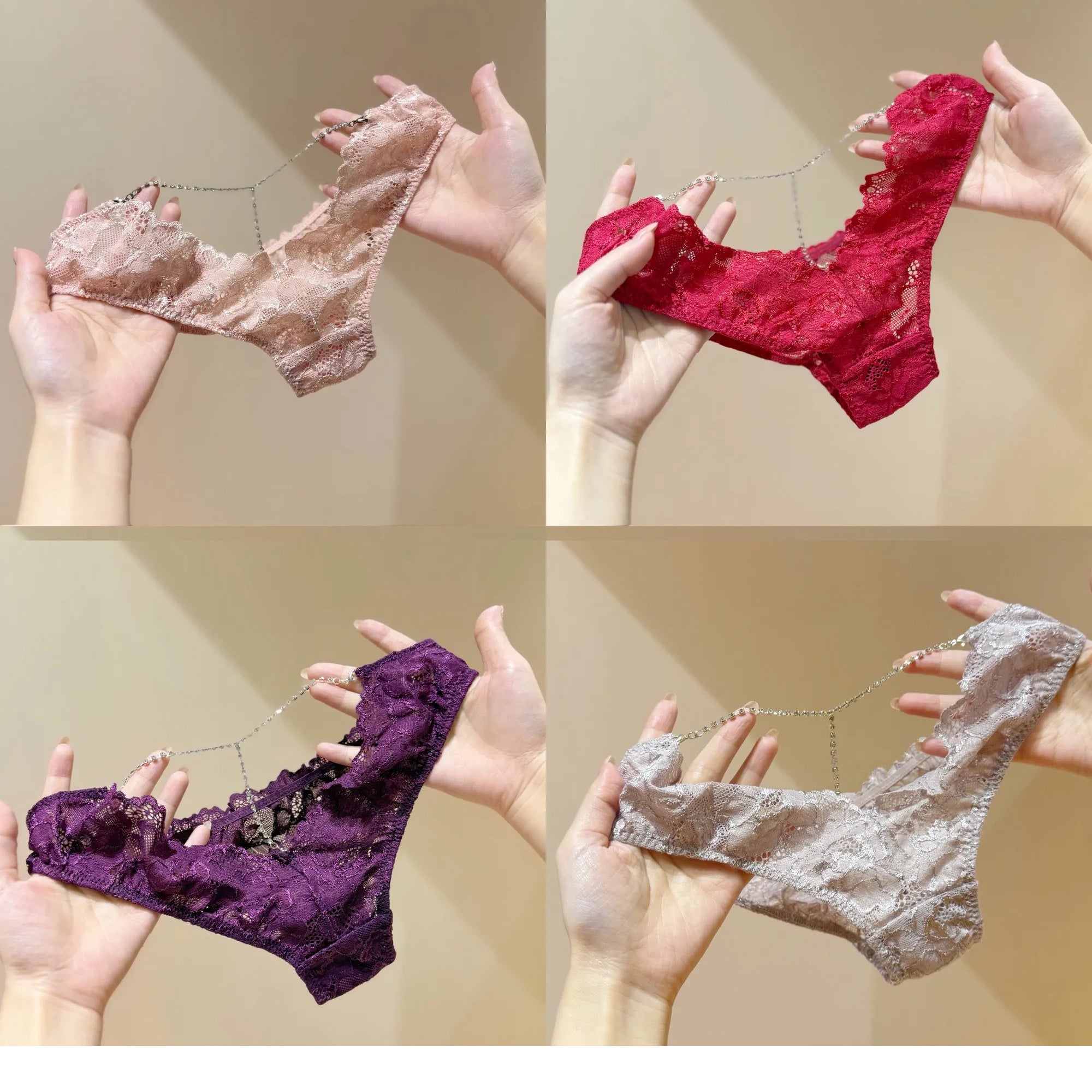 ow-Rise Seamless Lace Panties with Rhinestone Chain Back (Set of 4)